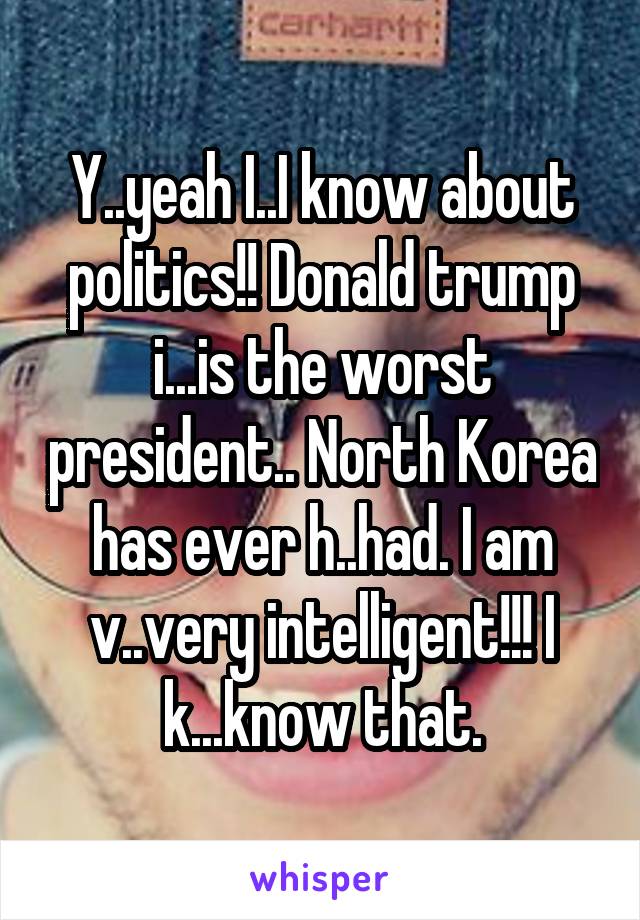 Y..yeah I..I know about politics!! Donald trump i...is the worst president.. North Korea has ever h..had. I am v..very intelligent!!! I k...know that.
