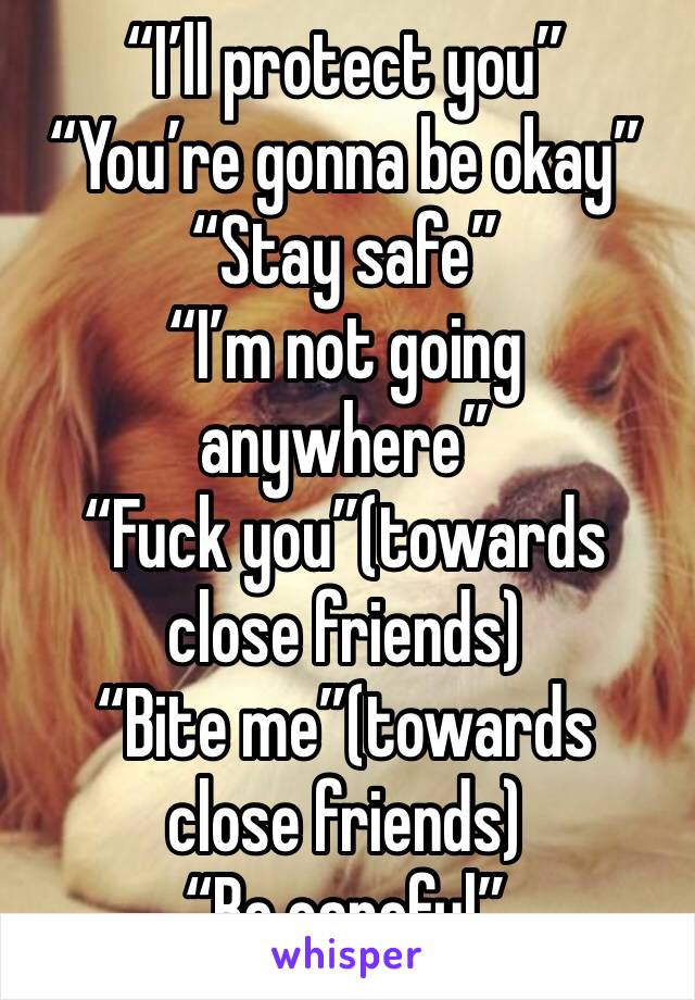 “I’ll protect you”
“You’re gonna be okay”
“Stay safe”
“I’m not going anywhere”
“Fuck you”(towards close friends)
“Bite me”(towards close friends)
“Be careful”