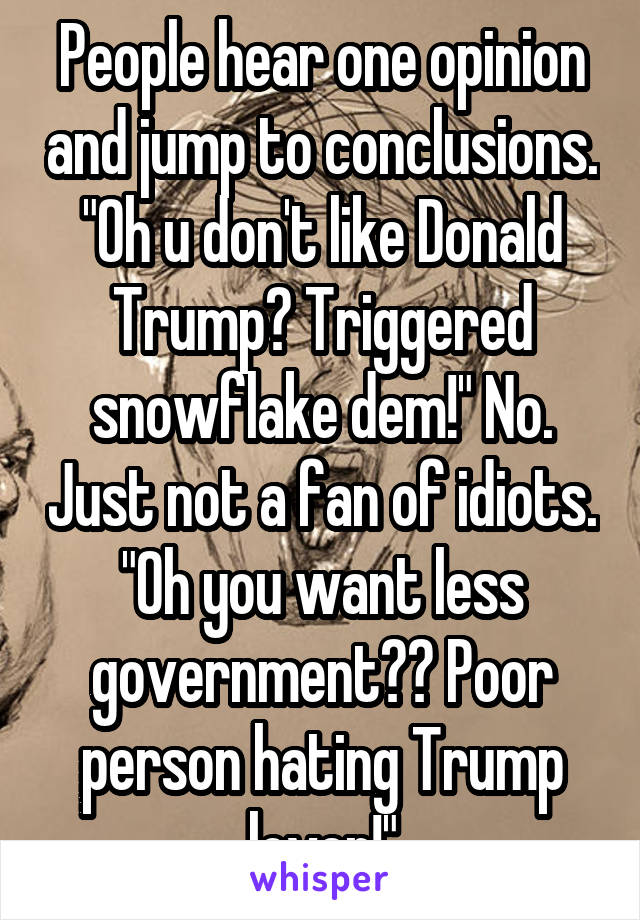 People hear one opinion and jump to conclusions. "Oh u don't like Donald Trump? Triggered snowflake dem!" No. Just not a fan of idiots. "Oh you want less government?? Poor person hating Trump lover!"