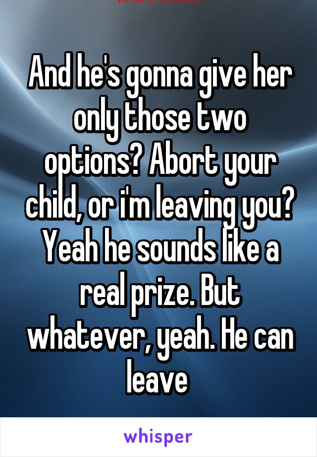 And he's gonna give her only those two options? Abort your child, or i'm leaving you? Yeah he sounds like a real prize. But whatever, yeah. He can leave 