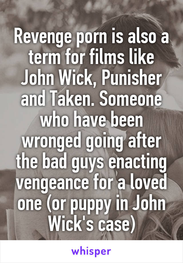 Revenge porn is also a term for films like John Wick, Punisher and Taken. Someone who have been wronged going after the bad guys enacting vengeance for a loved one (or puppy in John Wick's case)