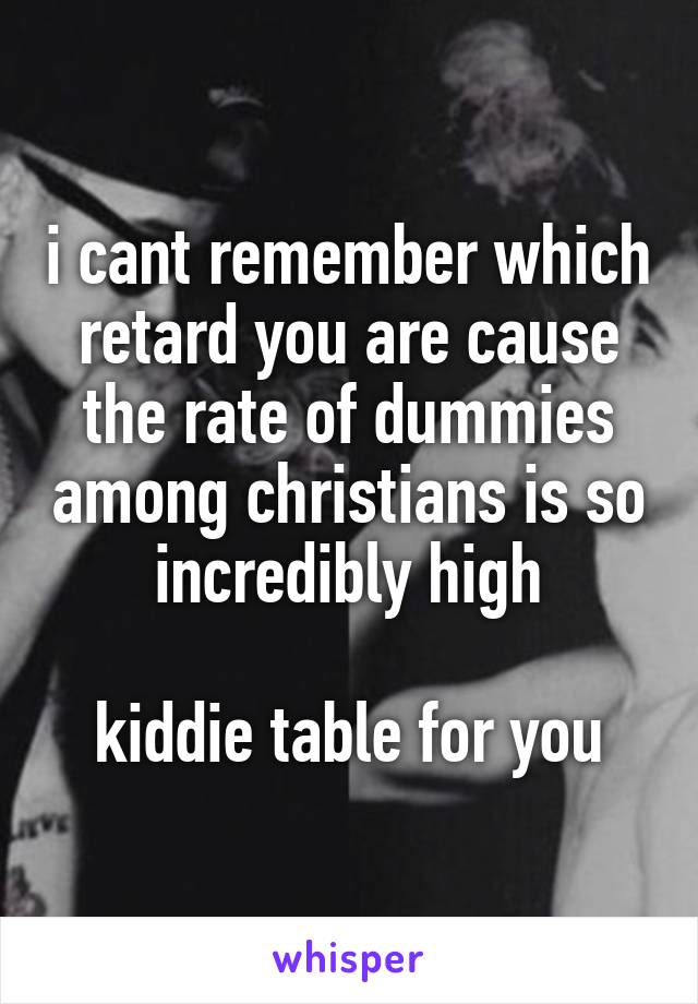 i cant remember which retard you are cause the rate of dummies among christians is so incredibly high

kiddie table for you