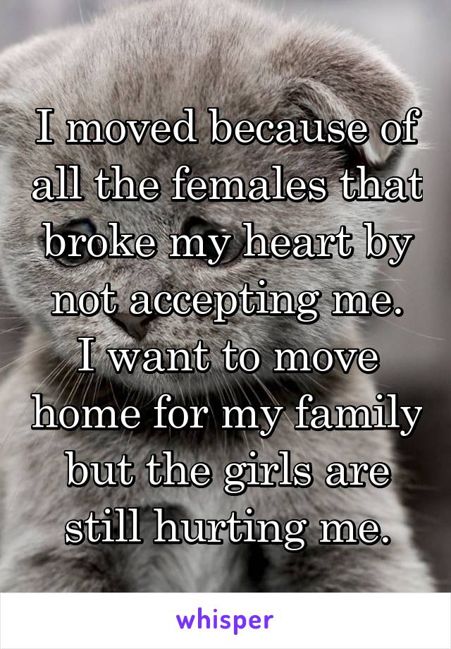 I moved because of all the females that broke my heart by not accepting me.
I want to move home for my family but the girls are still hurting me.
