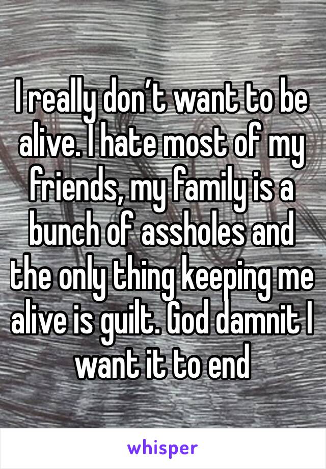 I really don’t want to be alive. I hate most of my friends, my family is a bunch of assholes and the only thing keeping me alive is guilt. God damnit I want it to end