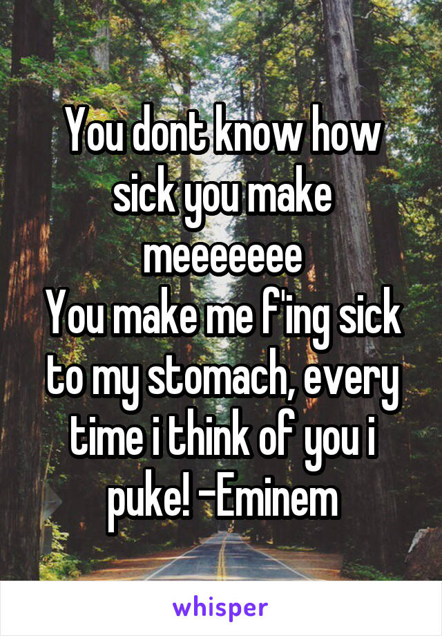 You dont know how sick you make meeeeeee
You make me f'ing sick to my stomach, every time i think of you i puke! -Eminem