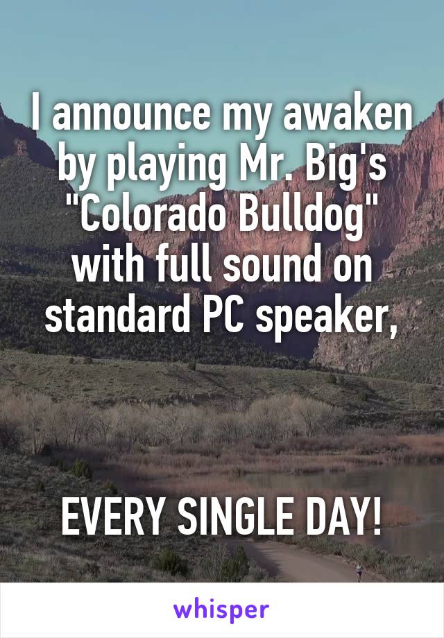 I announce my awaken by playing Mr. Big's "Colorado Bulldog" with full sound on standard PC speaker,



EVERY SINGLE DAY!