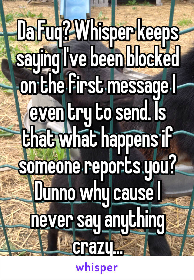 Da Fuq? Whisper keeps saying I've been blocked on the first message I even try to send. Is that what happens if someone reports you? Dunno why cause I never say anything crazy...