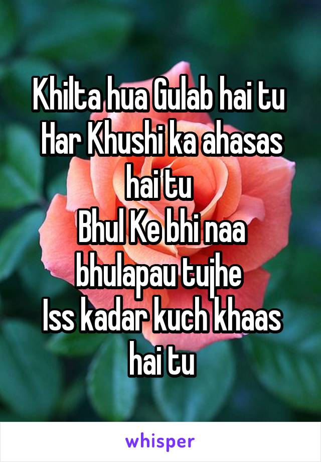 Khilta hua Gulab hai tu 
Har Khushi ka ahasas hai tu 
Bhul Ke bhi naa bhulapau tujhe 
Iss kadar kuch khaas hai tu