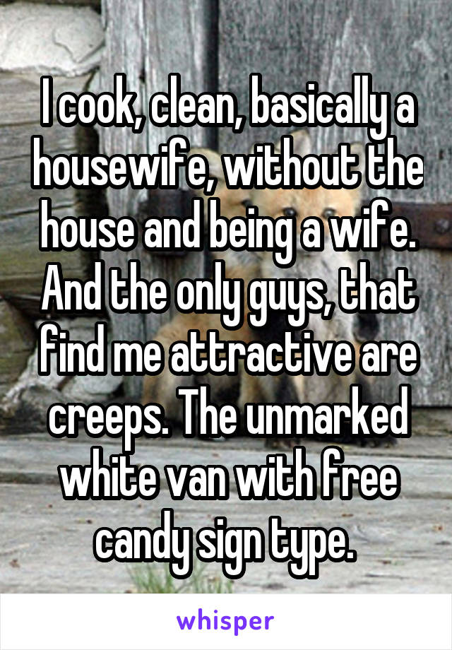 I cook, clean, basically a housewife, without the house and being a wife. And the only guys, that find me attractive are creeps. The unmarked white van with free candy sign type. 