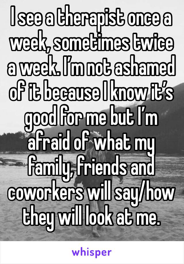 I see a therapist once a week, sometimes twice a week. I’m not ashamed of it because I know it’s good for me but I’m afraid of what my family, friends and coworkers will say/how they will look at me.
