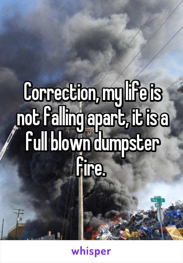 Correction, my life is not falling apart, it is a full blown dumpster fire. 