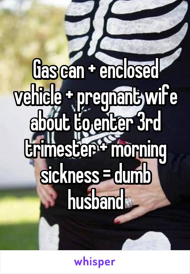Gas can + enclosed vehicle + pregnant wife about to enter 3rd trimester + morning sickness = dumb husband