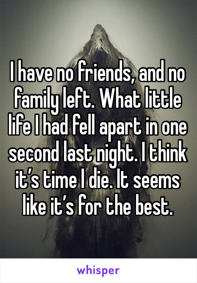 I have no friends, and no family left. What little life I had fell apart in one second last night. I think it’s time I die. It seems like it’s for the best.