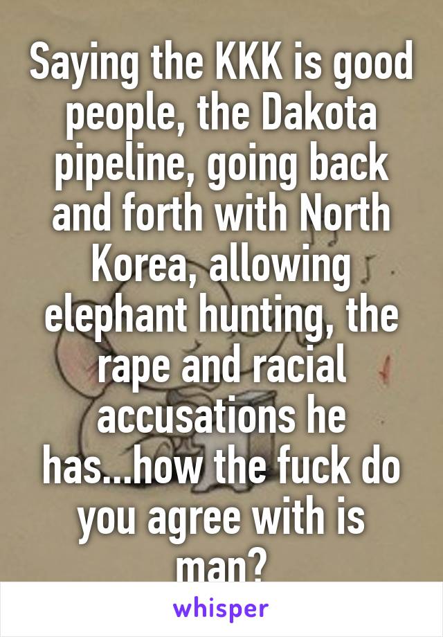 Saying the KKK is good people, the Dakota pipeline, going back and forth with North Korea, allowing elephant hunting, the rape and racial accusations he has...how the fuck do you agree with is man?