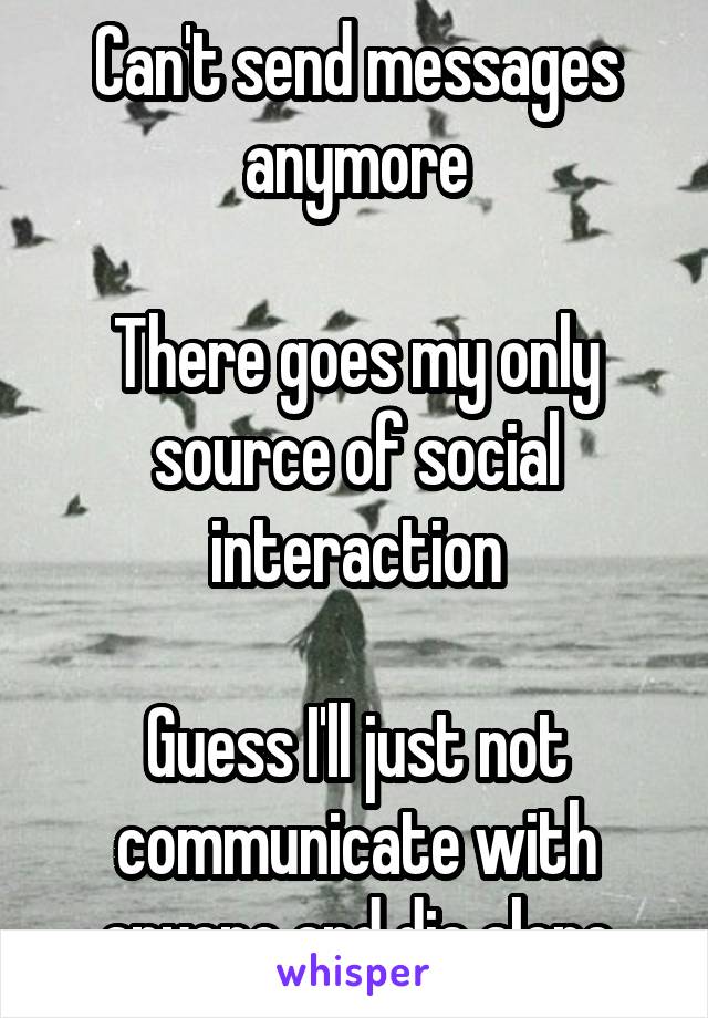 Can't send messages anymore

There goes my only source of social interaction

Guess I'll just not communicate with anyone and die alone