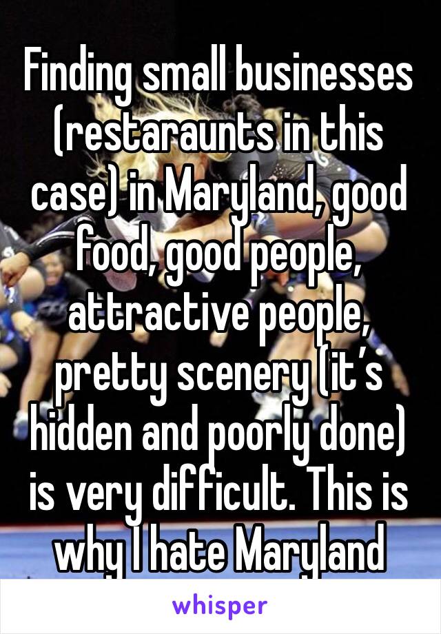 Finding small businesses (restaraunts in this case) in Maryland, good food, good people, attractive people, pretty scenery (it’s hidden and poorly done) is very difficult. This is why I hate Maryland