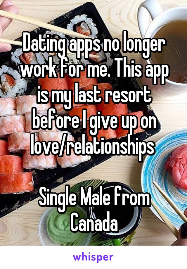 Dating apps no longer work for me. This app is my last resort before I give up on love/relationships 

Single Male from Canada