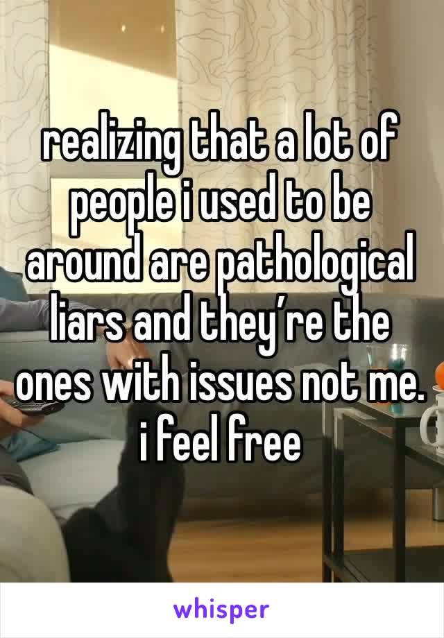 realizing that a lot of people i used to be around are pathological liars and they’re the ones with issues not me. i feel free