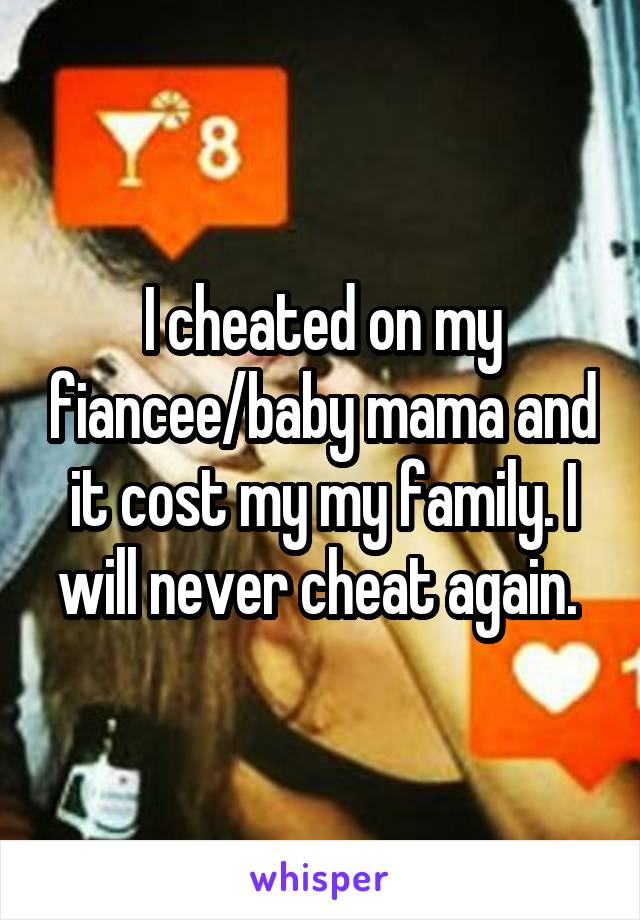 I cheated on my fiancee/baby mama and it cost my my family. I will never cheat again. 