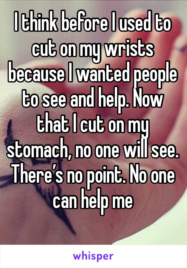 I think before I used to cut on my wrists because I wanted people to see and help. Now that I cut on my stomach, no one will see. There’s no point. No one can help me
