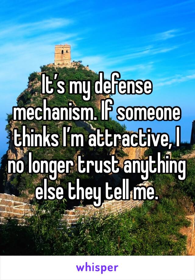 It’s my defense mechanism. If someone thinks I’m attractive, I no longer trust anything else they tell me.