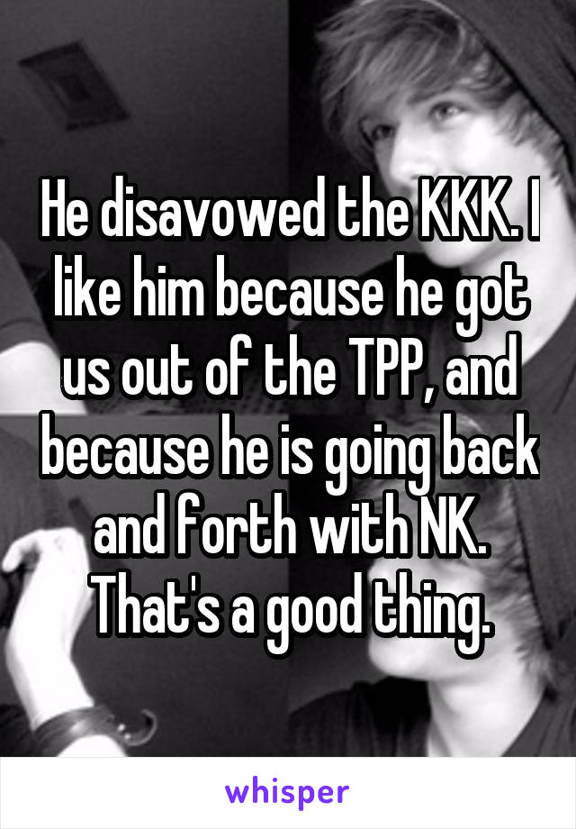 He disavowed the KKK. I like him because he got us out of the TPP, and because he is going back and forth with NK. That's a good thing.