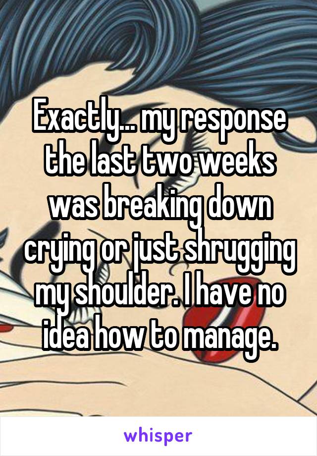 Exactly... my response the last two weeks was breaking down crying or just shrugging my shoulder. I have no idea how to manage.