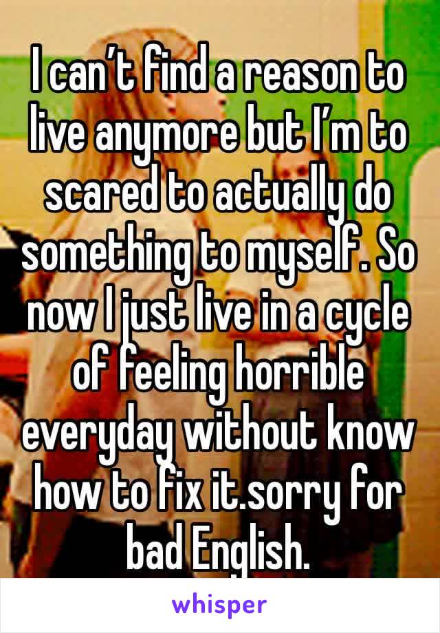 I can’t find a reason to live anymore but I’m to scared to actually do something to myself. So now I just live in a cycle of feeling horrible everyday without know how to fix it.sorry for bad English.