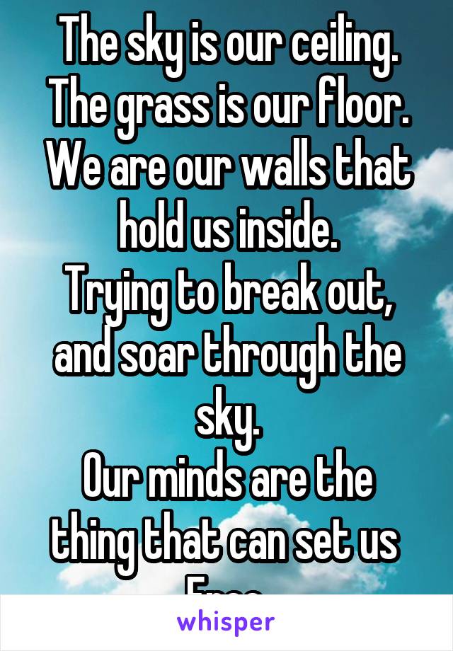 The sky is our ceiling.
The grass is our floor.
We are our walls that hold us inside.
Trying to break out, and soar through the sky.
Our minds are the thing that can set us 
Free.