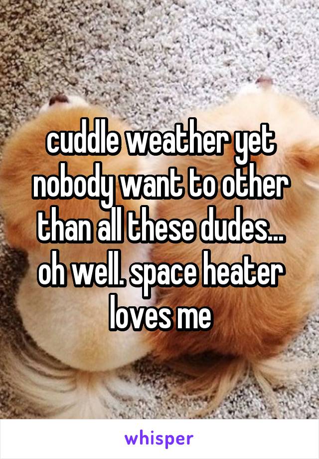 cuddle weather yet nobody want to other than all these dudes... oh well. space heater loves me