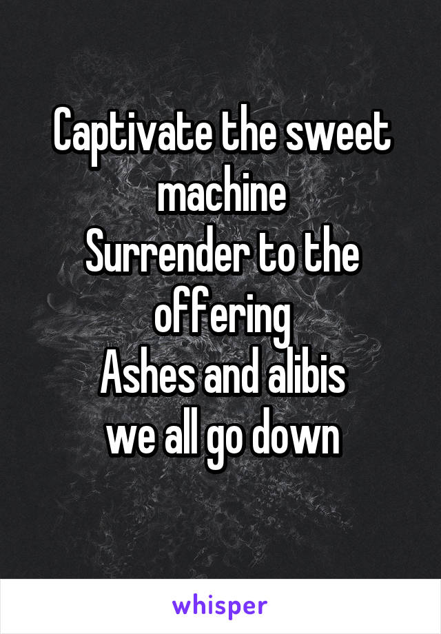 Captivate the sweet machine
Surrender to the offering
Ashes and alibis
we all go down
