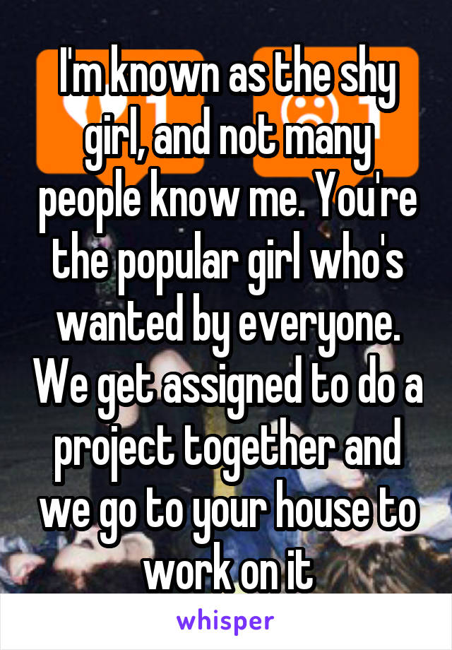 I'm known as the shy girl, and not many people know me. You're the popular girl who's wanted by everyone. We get assigned to do a project together and we go to your house to work on it