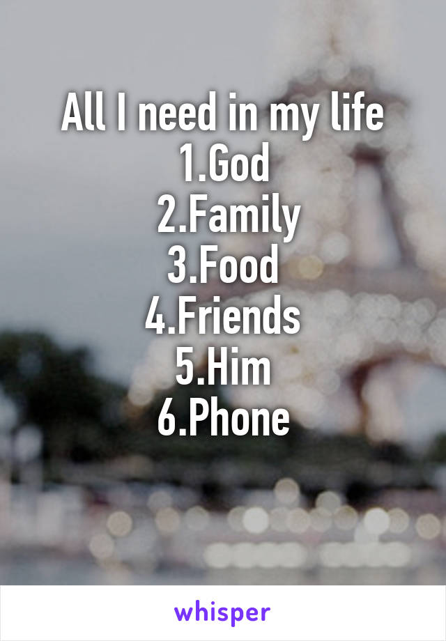 All I need in my life
1.God
 2.Family
 3.Food 
4.Friends
5.Him
6.Phone

