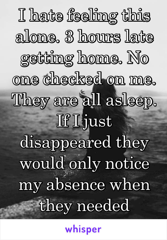 I hate feeling this alone. 3 hours late getting home. No one checked on me. They are all asleep. If I just disappeared they would only notice my absence when they needed something.