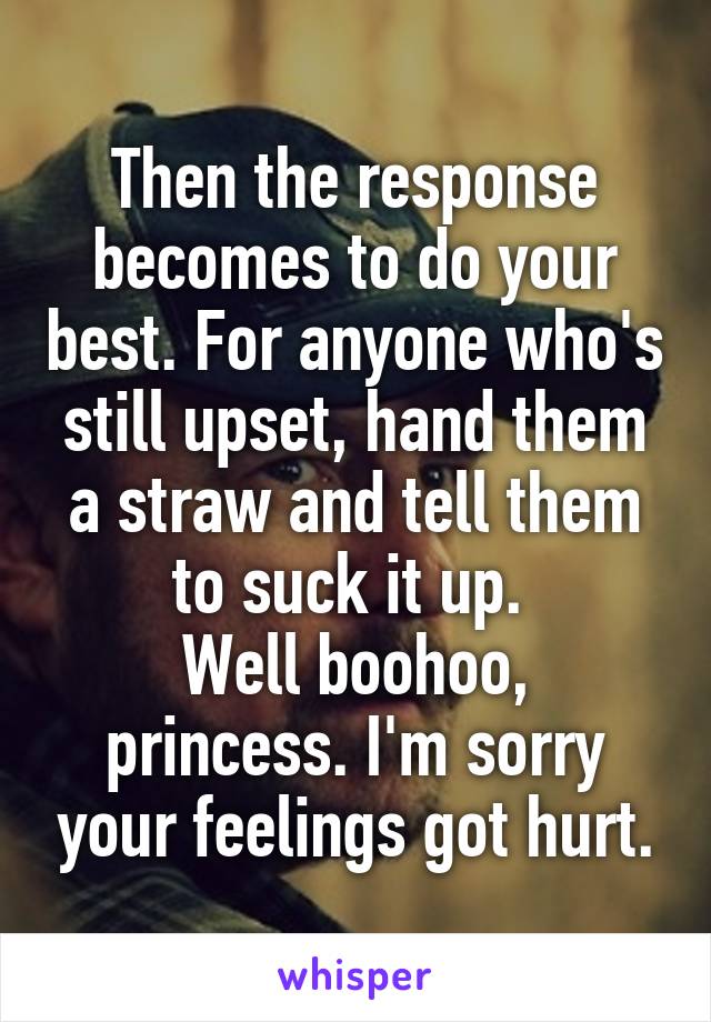 Then the response becomes to do your best. For anyone who's still upset, hand them a straw and tell them to suck it up. 
Well boohoo, princess. I'm sorry your feelings got hurt.