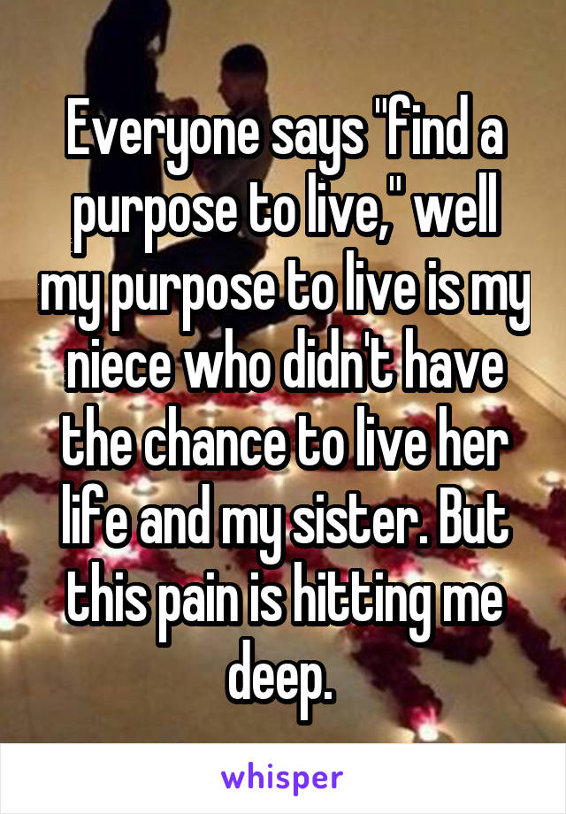 Everyone says "find a purpose to live," well my purpose to live is my niece who didn't have the chance to live her life and my sister. But this pain is hitting me deep. 