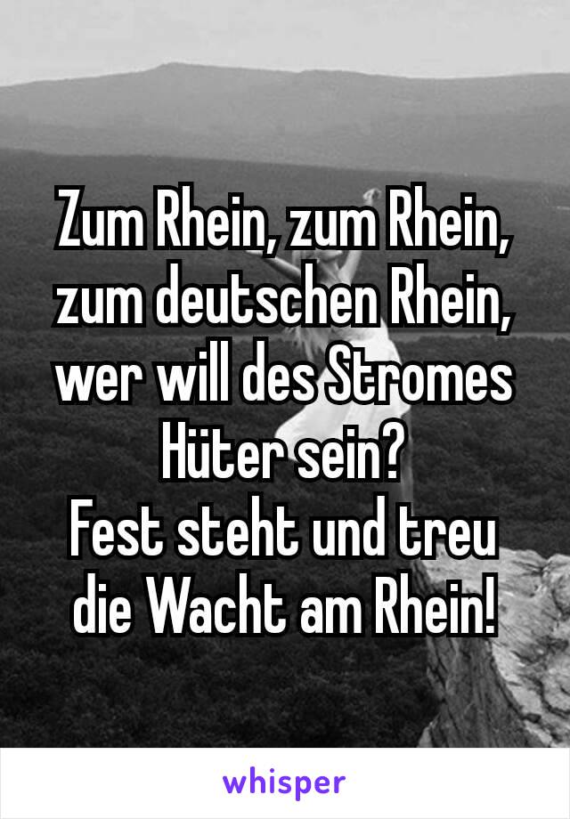 Zum Rhein, zum Rhein, zum deutschen Rhein,
wer will des Stromes Hüter sein?
Fest steht und treu die Wacht am Rhein!