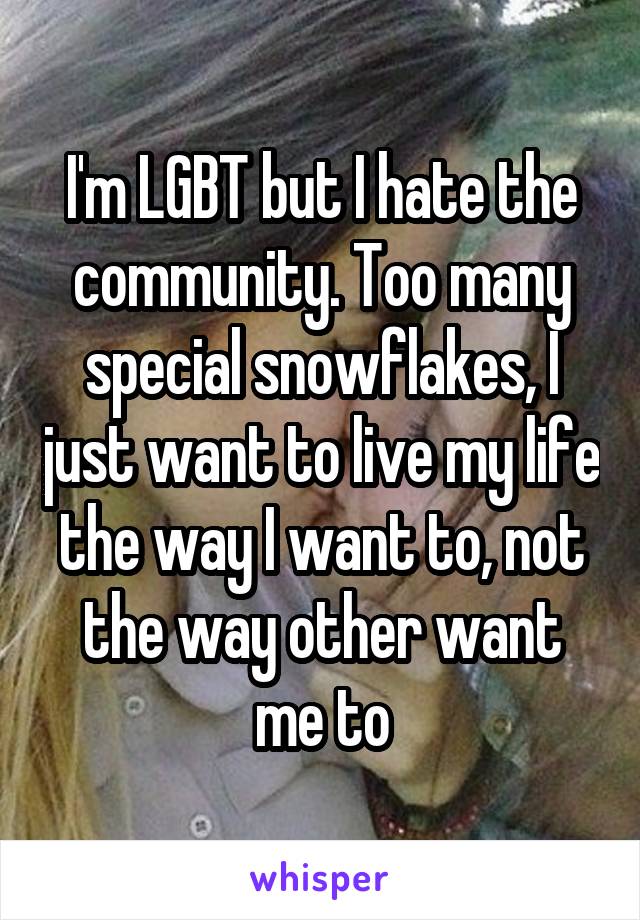 I'm LGBT but I hate the community. Too many special snowflakes, I just want to live my life the way I want to, not the way other want me to