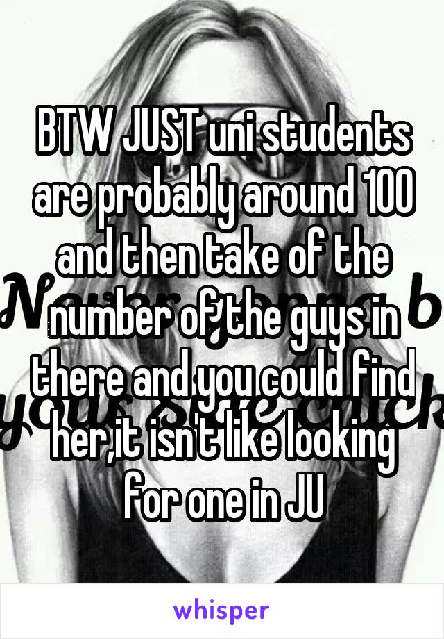 BTW JUST uni students are probably around 100 and then take of the number of the guys in there and you could find her,it isn't like looking for one in JU