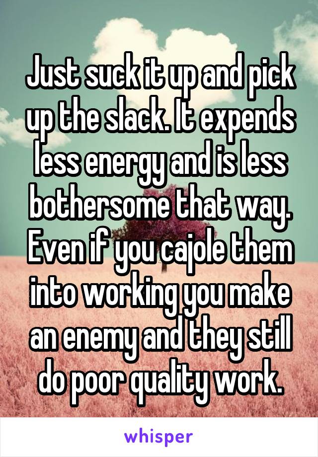 Just suck it up and pick up the slack. It expends less energy and is less bothersome that way. Even if you cajole them into working you make an enemy and they still do poor quality work.