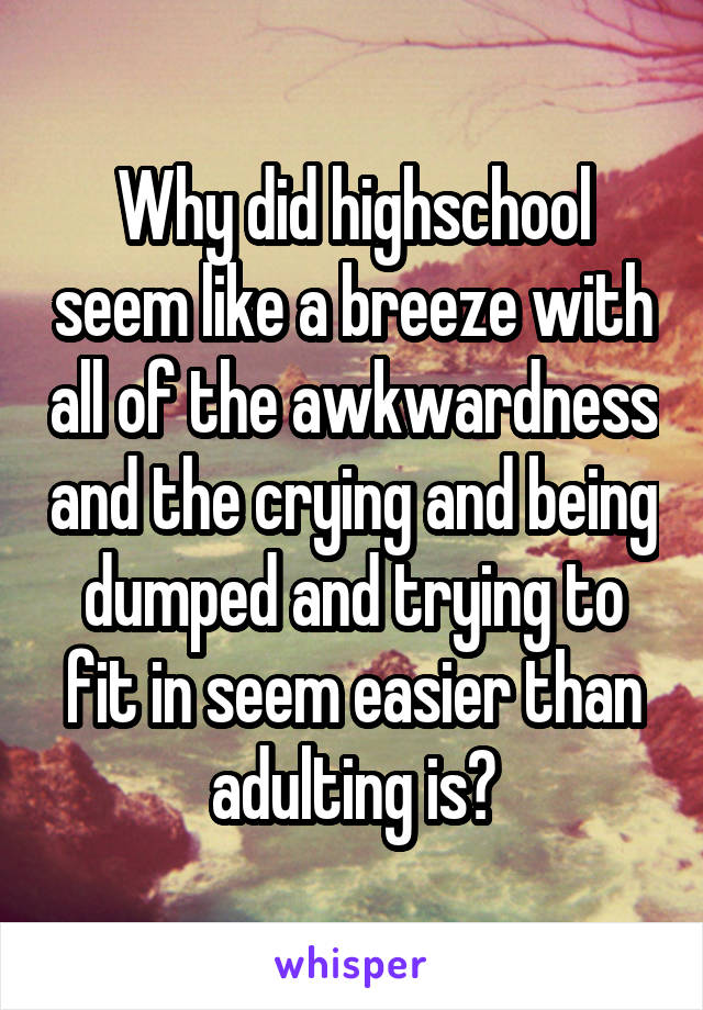 Why did highschool seem like a breeze with all of the awkwardness and the crying and being dumped and trying to fit in seem easier than adulting is?