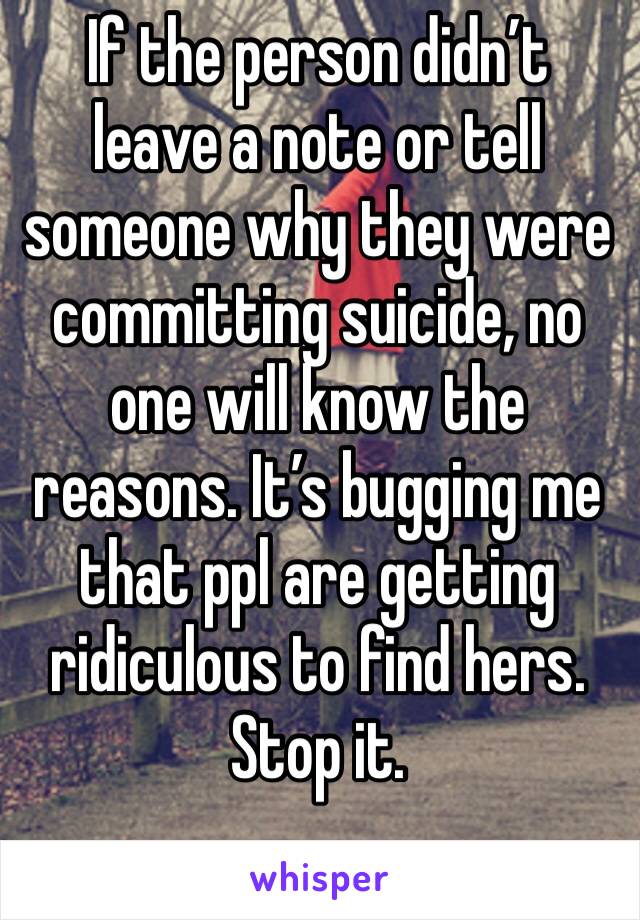 If the person didn’t leave a note or tell someone why they were committing suicide, no one will know the reasons. It’s bugging me that ppl are getting ridiculous to find hers. Stop it. 