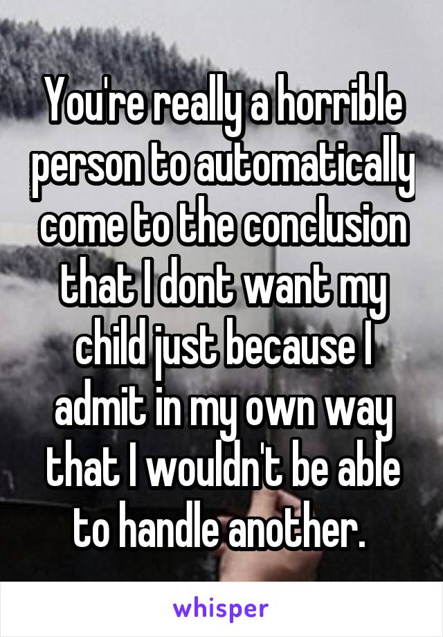 You're really a horrible person to automatically come to the conclusion that I dont want my child just because I admit in my own way that I wouldn't be able to handle another. 