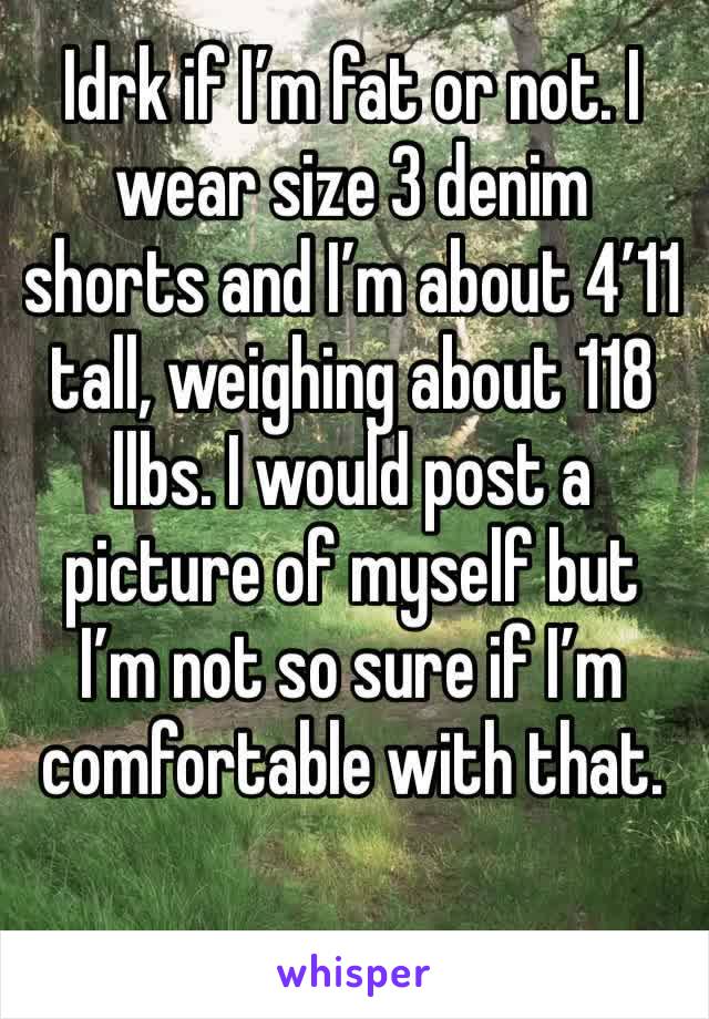 Idrk if I’m fat or not. I wear size 3 denim shorts and I’m about 4’11 tall, weighing about 118 llbs. I would post a picture of myself but I’m not so sure if I’m comfortable with that. 