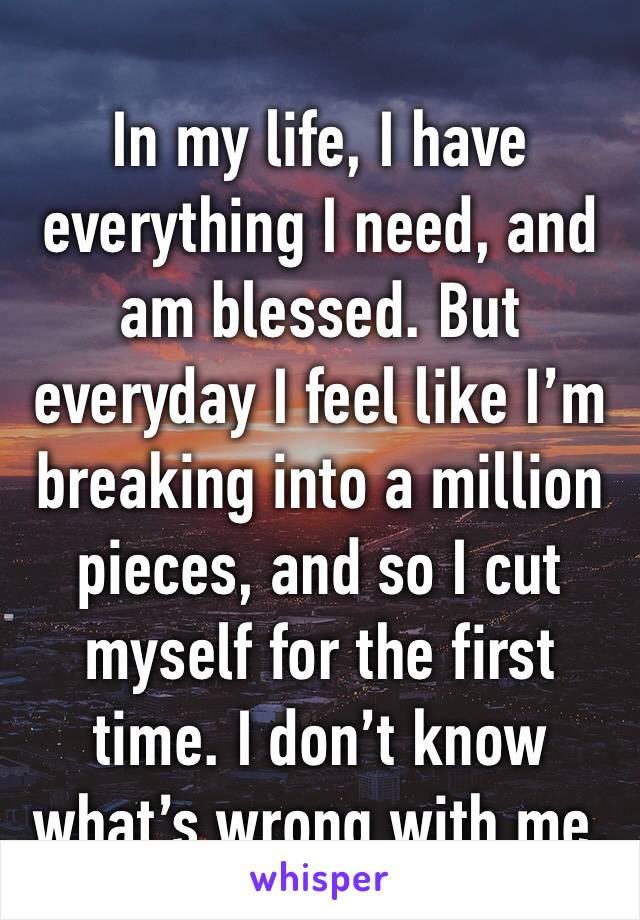 In my life, I have everything I need, and am blessed. But everyday I feel like I’m breaking into a million pieces, and so I cut myself for the first time. I don’t know what’s wrong with me. 