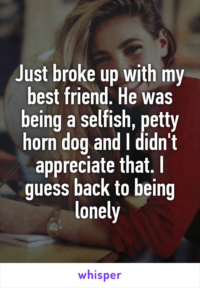 Just broke up with my best friend. He was being a selfish, petty horn dog and I didn't appreciate that. I guess back to being lonely 