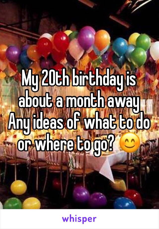 My 20th birthday is about a month away
Any ideas of what to do or where to go? 😊