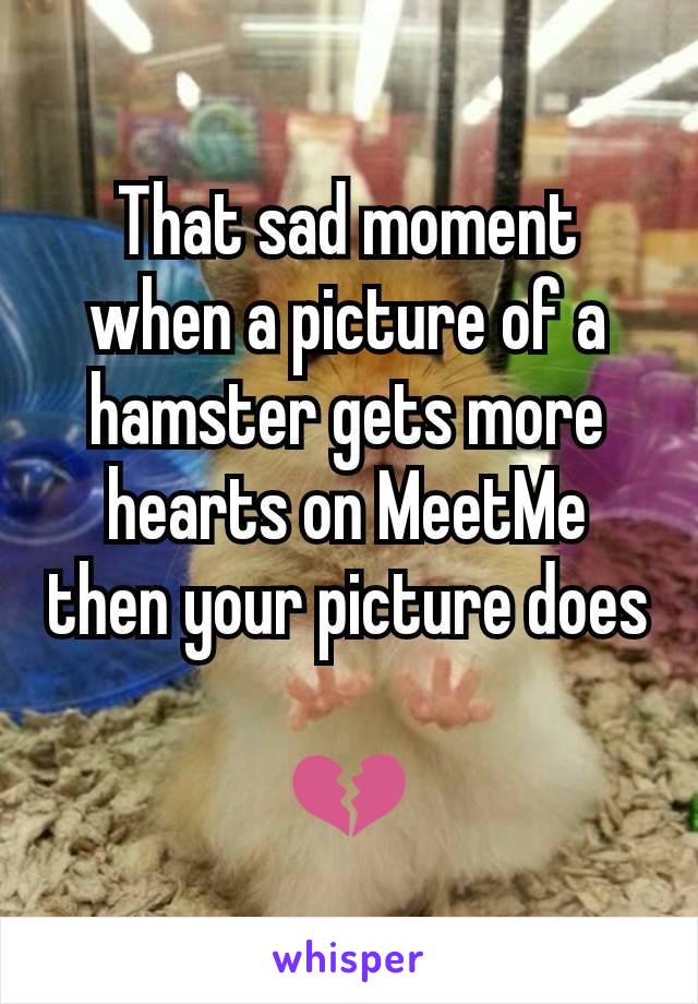 That sad moment when a picture of a hamster gets more hearts on MeetMe then your picture does

💔