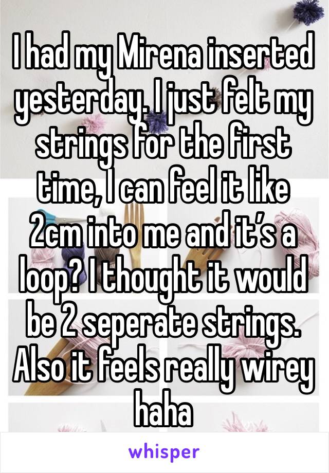 I had my Mirena inserted yesterday. I just felt my strings for the first time, I can feel it like 2cm into me and it’s a loop? I thought it would be 2 seperate strings. Also it feels really wirey haha