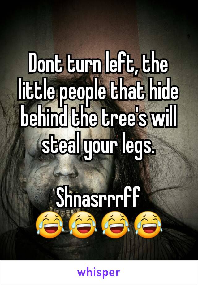 Dont turn left, the little people that hide behind the tree's will steal your legs.

Shnasrrrff
😂😂😂😂